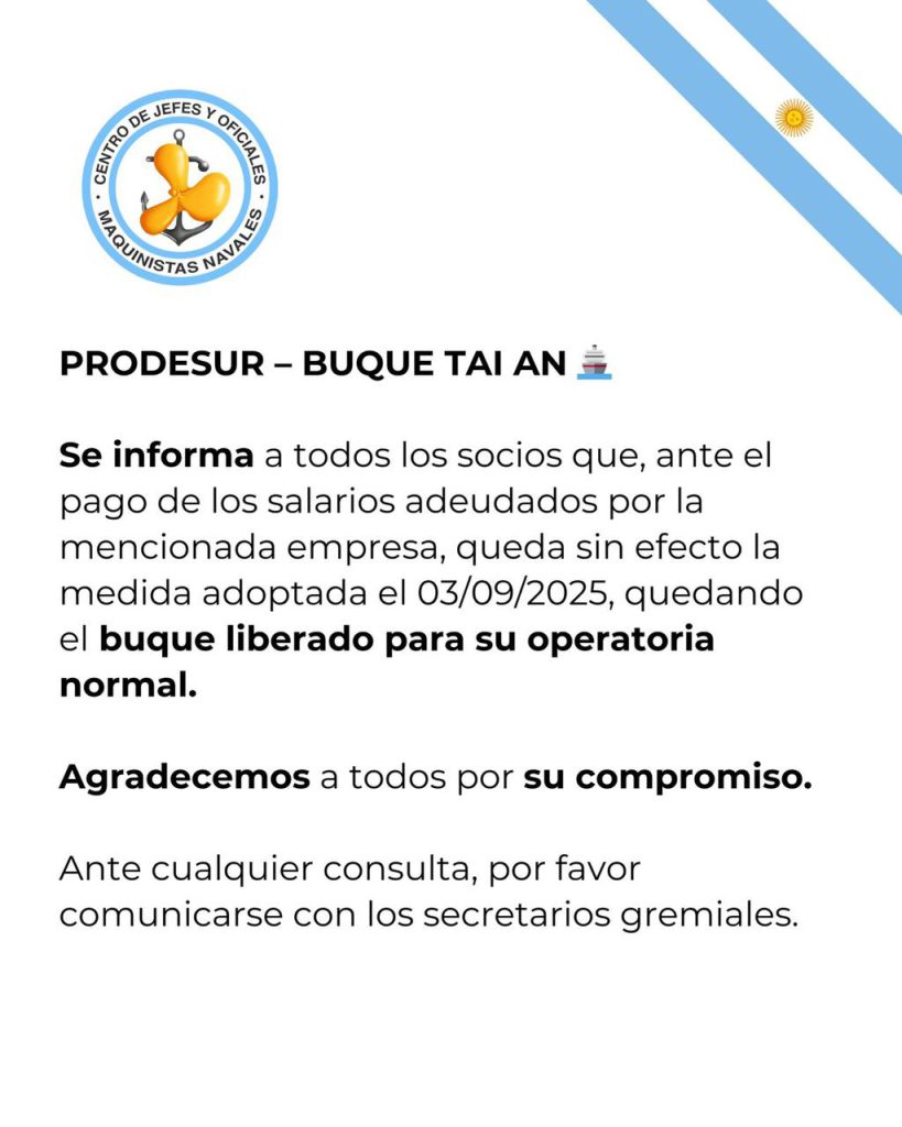 PRODESUR – BUQUE ΤΑΙ ΑΝ
Se informa a todos los socios que, ante el pago de los salarios adeudados por la mencionada empresa, queda sin efecto la medida adoptada el 03/09/2025, quedando el buque liberado para su operatoria normal.
Agradecemos a todos por su compromiso.
Ante cualquier consulta, por favor comunicarse con los secretarios gremiales.